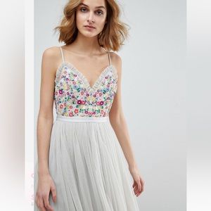 Needle & Thread Gray Multicolored Floral Embroidered Open Back Tulle Dress XS